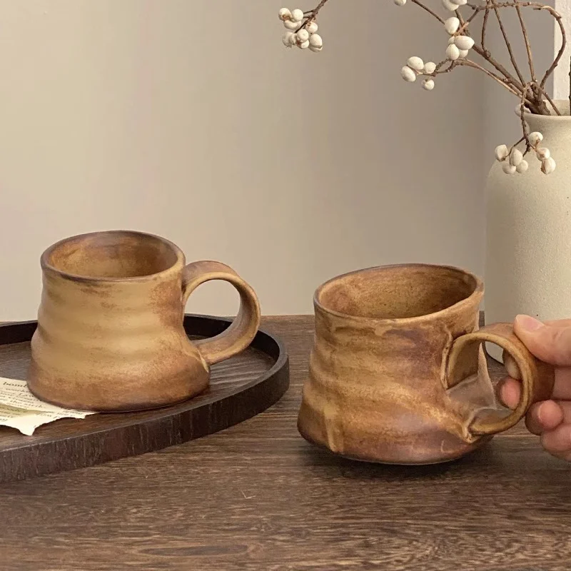 Unique Irregular White Clay Color Small Tea Mugs Handmade Ceramic Coffee Cups with Handle