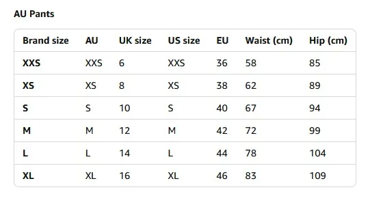 AU Pants Size Chart