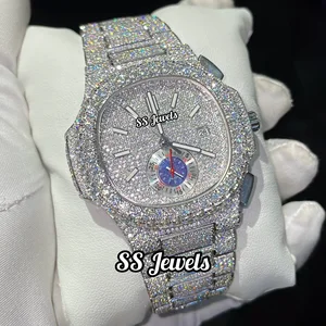 Custom VVS Moissanite Diamond Chronograph Bustdown Unisex Stainless Steel Glass Watch Fully Icedout Handmade Hip Hop Mechanical