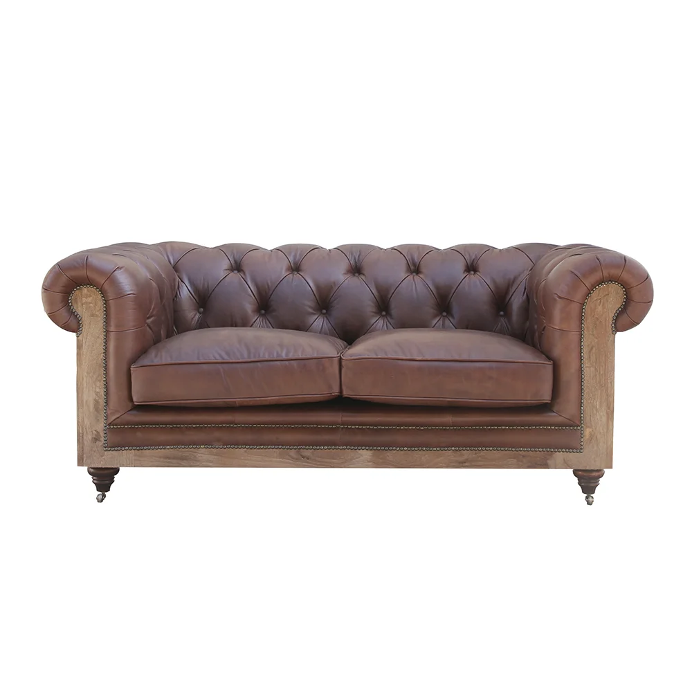 Rustic Tufted Rolled Arm Faux Leather Deconstructed Chesterfield Sofa Set Furniture