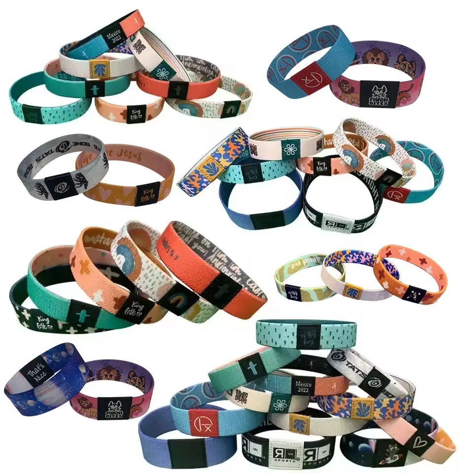 Cheap Custom Logo Full Color Print Party Sport Basketball Festival Polyester Bracelet Sublimation Fabric Woven Elastic Wristband
