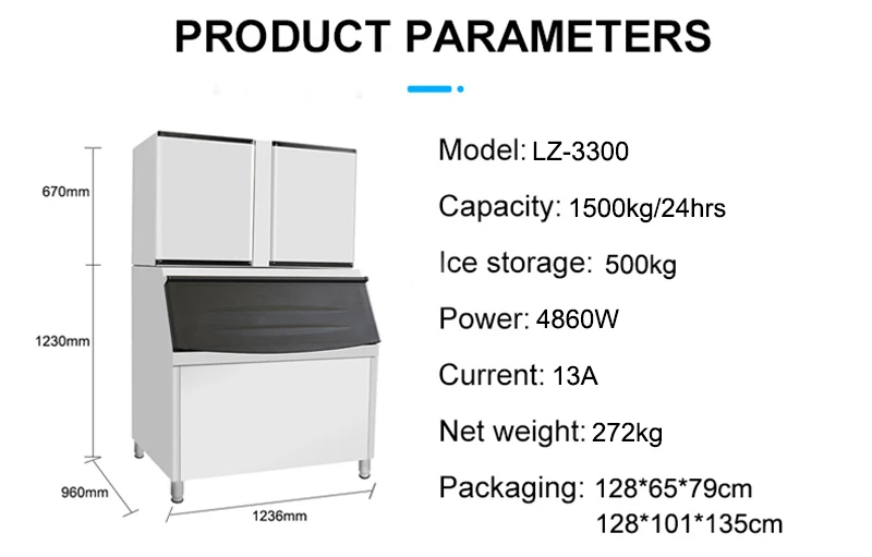 1500kg 24hrs Lz3300 Oem Worktable Big Capacity Commercial Ice Maker