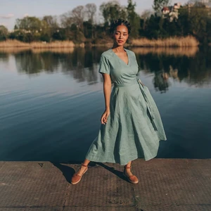 Short Sleeve Linen Wrap Dress Linen Midi Dress Summer Dress in Dusty Turquoise Wrap Midi Dress Available Big Size Clothing