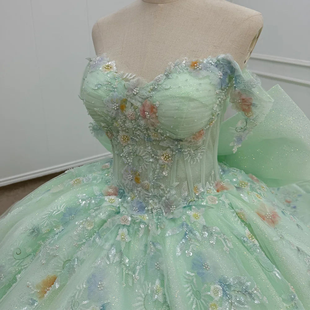 mint green puffy dress Mint Green Baby Birthday Dress Puff Sleeve Princess Dress main image 1