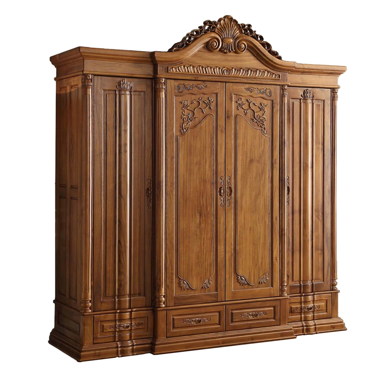 Royal European Style Handmade Carved Teak Wardrobe With 4 Doors And 4