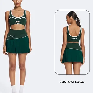 U-Neck Contrast Color Cutout Sports Bra and High Waist Pleated Skirt Set Train Sports Quick Dry Tennis Wear