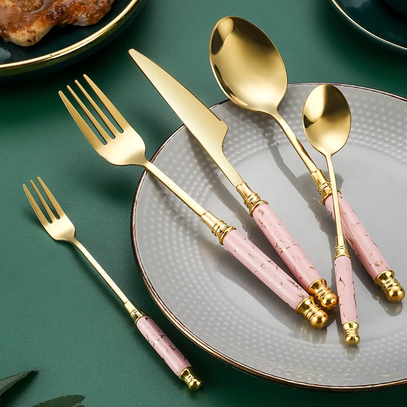 Luxury Golden Dinnerware Daily Used Stainless Steel Tableware Gold Pink