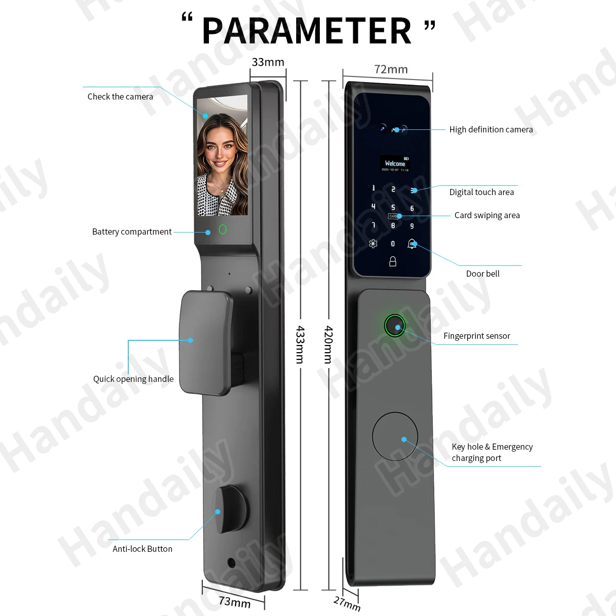 High SecurityTuya Smart Door Lock Palm Face Recognition Cerradura Inteligente Waterproof Digital Lock for Israel 6068/85 Mortise W10