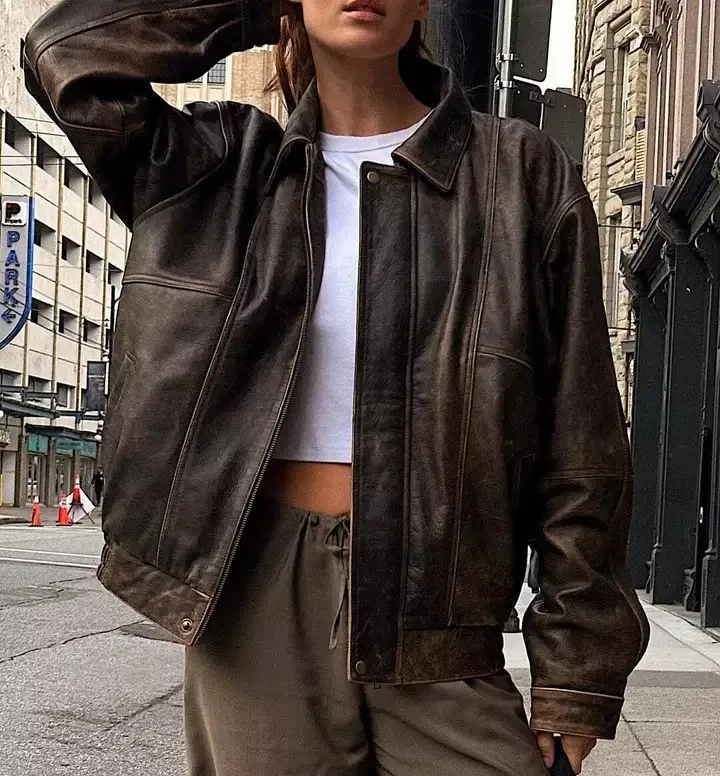 Alibaba.com: MS-LJ-0068 Oversized Brown Leather Jacket 90s Women