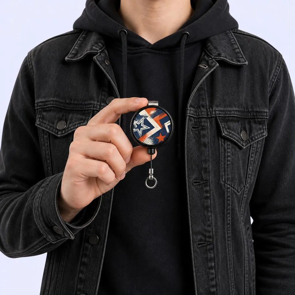 Person holding graffiti star-stripe badge reel keychain — black hoodie lifestyle shot