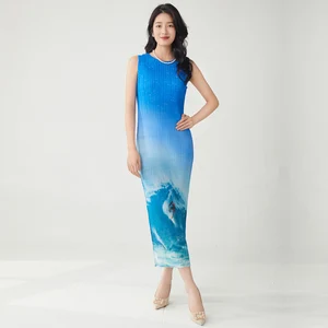 Summer Women Pleated Dress High Quality Printed Sleeveless Stretch Miyake Shift Dress