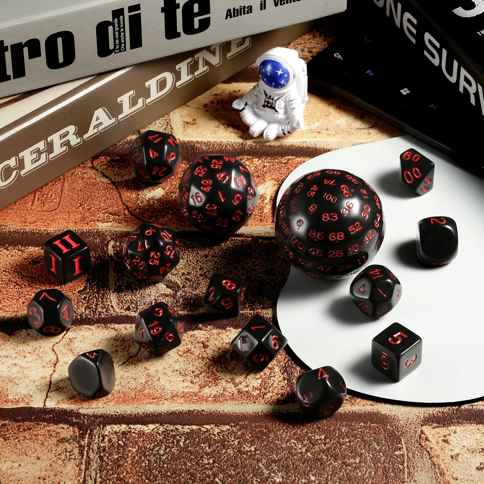 CiaraQ DND Polyhedral Dice Set 15pcs With Bag - Black & Red D4 To D100 For Dungeons & Dragons RPG
