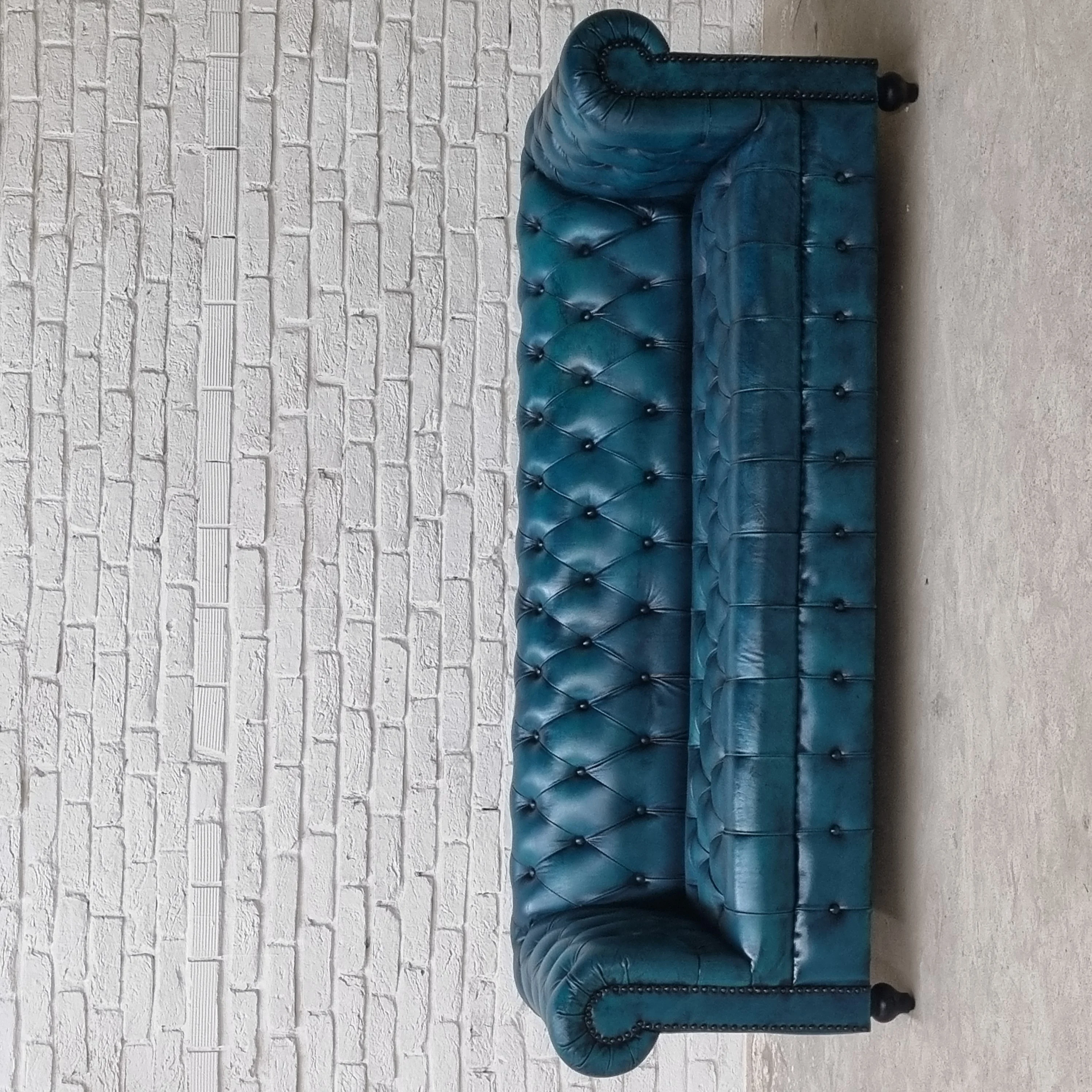 New Design Sea Blue Color Tufted Chesterfield 3-Seater Leather Sofa Set Hot Selling for Living Room for Hotels and Villas