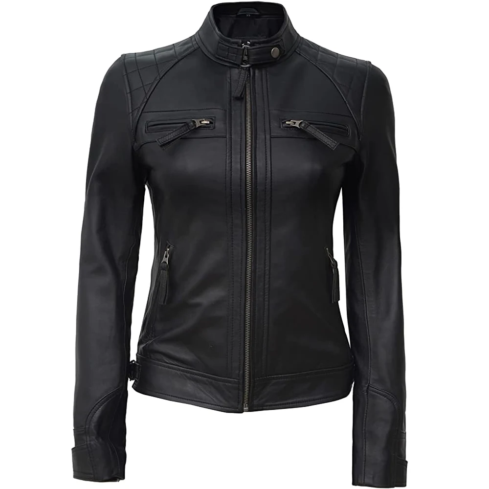 Wholesale Custom Real Leather Jacket Women - Cafe Racer Slim Fit Stand ...