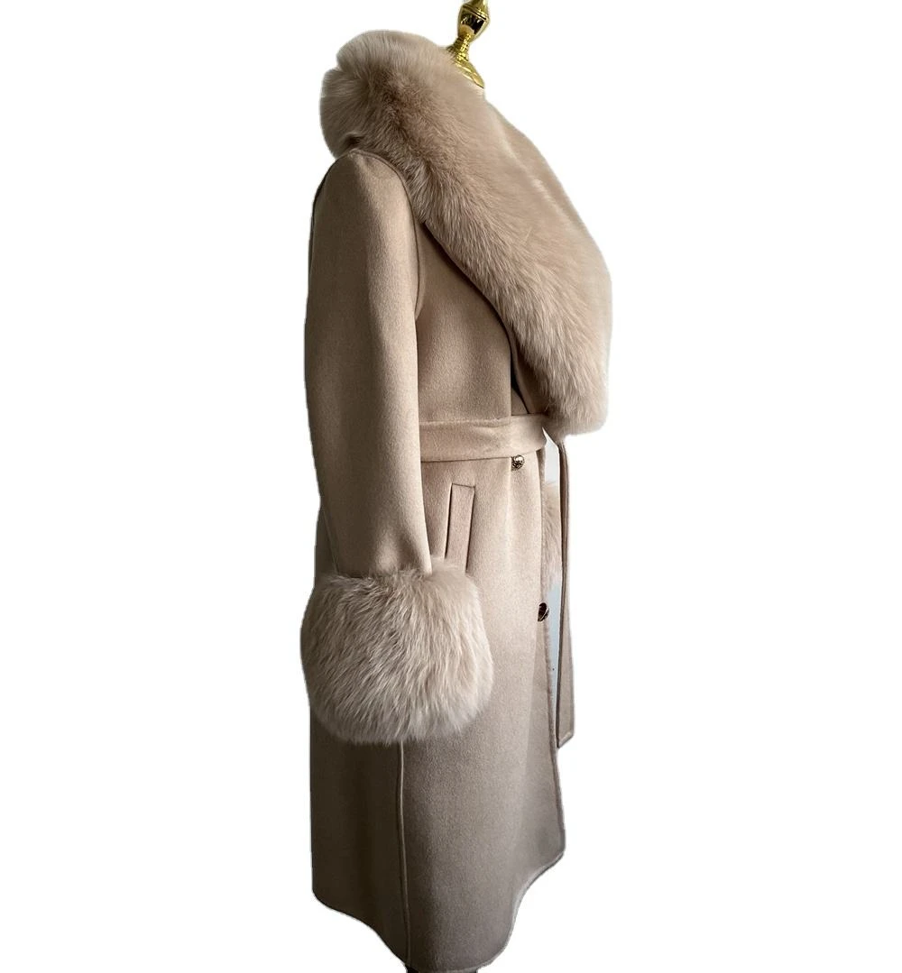 2025 Oem Ladies Elegant Double-sided Wool Coat New Real Fox Fur Big Collar Long Cashmere Wool Jacket For Spring Autumn Winter - Image 3