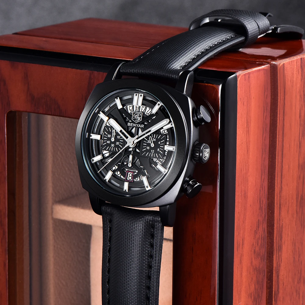 Benyar 5205 New Fashionable 43mm Luminous Dial Men's Quartz Wristwatch Chronograph 50m Waterproof Men's Watch Masculino