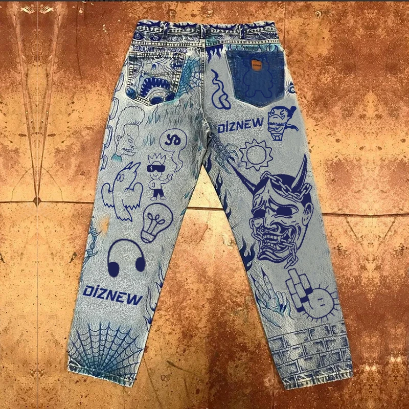 DiZNEW Mens Wholesale Jeans Pant For Men Stylish Large Size Loose Straight Hand-painted Printing Casual Creative Custom Jeans factory