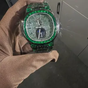 Wholesale Luxury Square Quartz Case Moissanite Chronograph Watches | VVS Iced Diamond Watch Passes Diamond Tester | Green