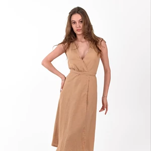Summer Fashion Elegant Sleeveless A-Line Wrap V-neck Linen Eco-Friendly Midi Natural Plain Dyed Ladies' Casual Dress