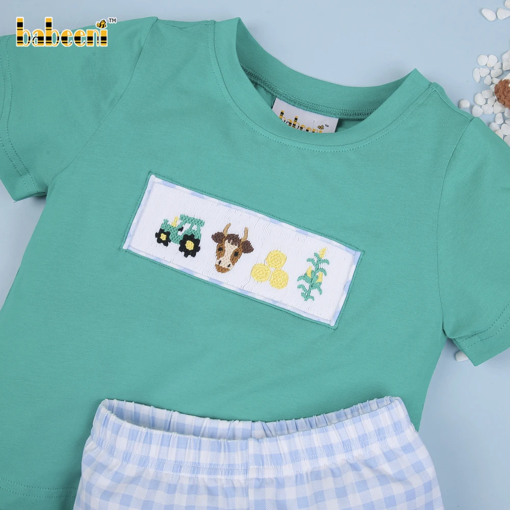 Farm Hand Smocked Boy Short Set Oem Odm Customized Hand Made Embroidery