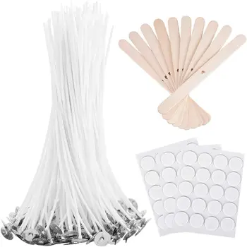 Candle Wicks 100 Pcs 6 inch with 30Pcs Stickers and 10 Pcs wooden stick Centering Device for DIY Soy Beeswax Candle Making
