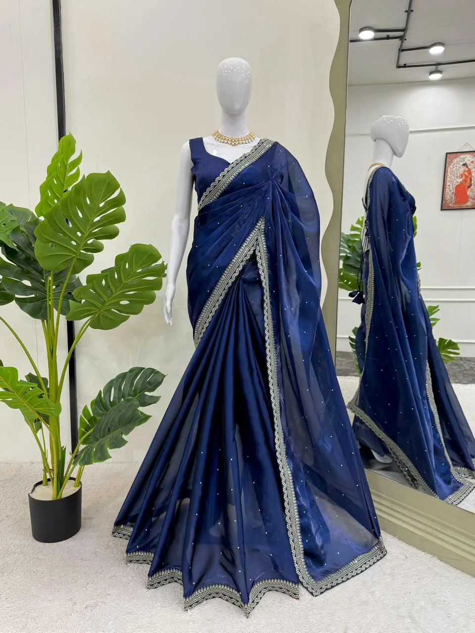 Classy& Pretty Look Hit Design Fashion Multi Stone& Mirror Work Bright Color Lace Border Saree& Blouse