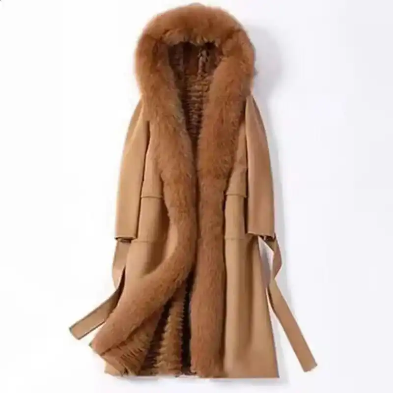 Khaki Color Winter Trench Coat For Women Long Over Knee Lace-up Wool & Blends With Patchwork Leather New Style - Image 3