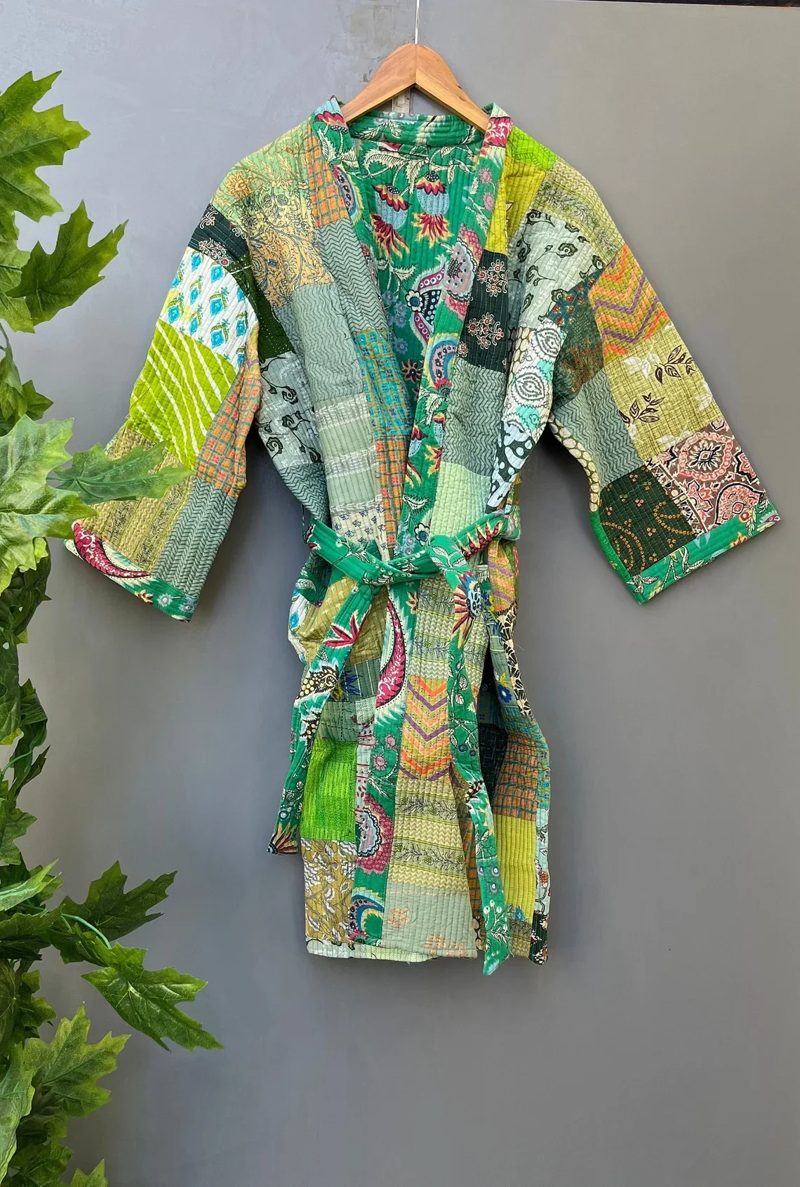 2024 Woman's Clothing Bathrobe Maxi Gown Silk Patola Jacket Hand Stitch Silk Patchwork Kantha Jacket Indian Long Jacket Kantha Kimono Robe SPK-09