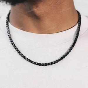 Black Stone Round Cut Moissanite Tennis Chain Necklace Hip Hop Fashion Jewelry Iced Out Cluster Gold Women Men