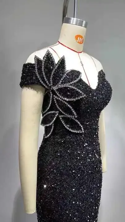 Clothing Manufacturers Women High-end Off the Shoulder Black Sequin Sparkly Rhinestones Evening Beading Sexy Evening Dress
