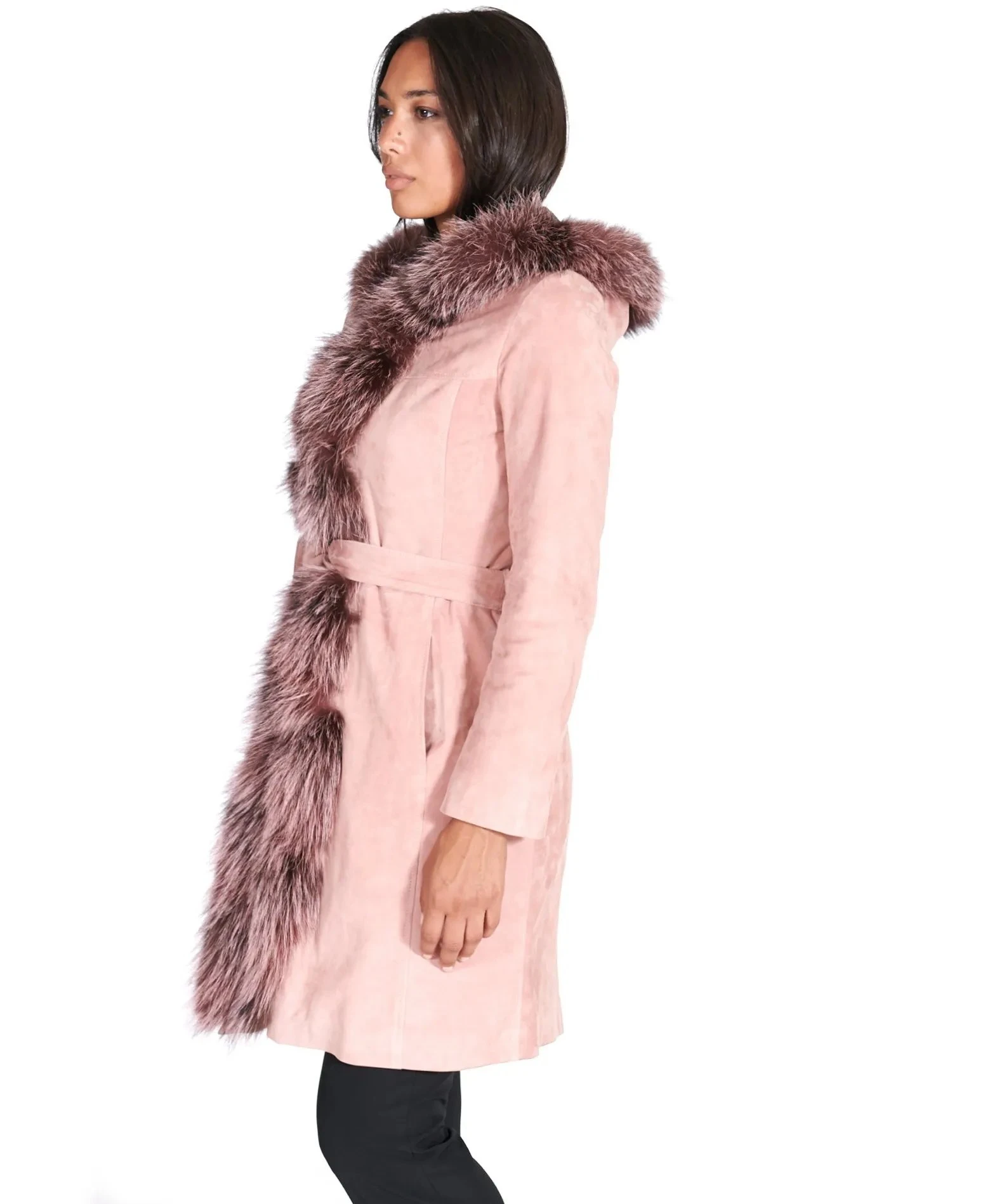 Women Pink Suede Lamb Leather Hooded Coat Fur Edge Manufacture From Pakistan By Village Impex - Image 4