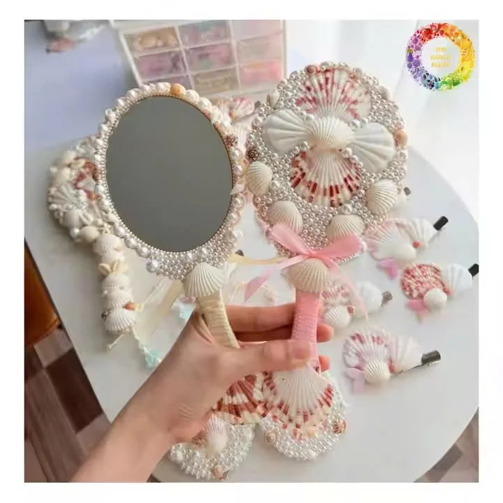 Handcrafted Mermaid Compact Ocean Shell Mirror with Pearls