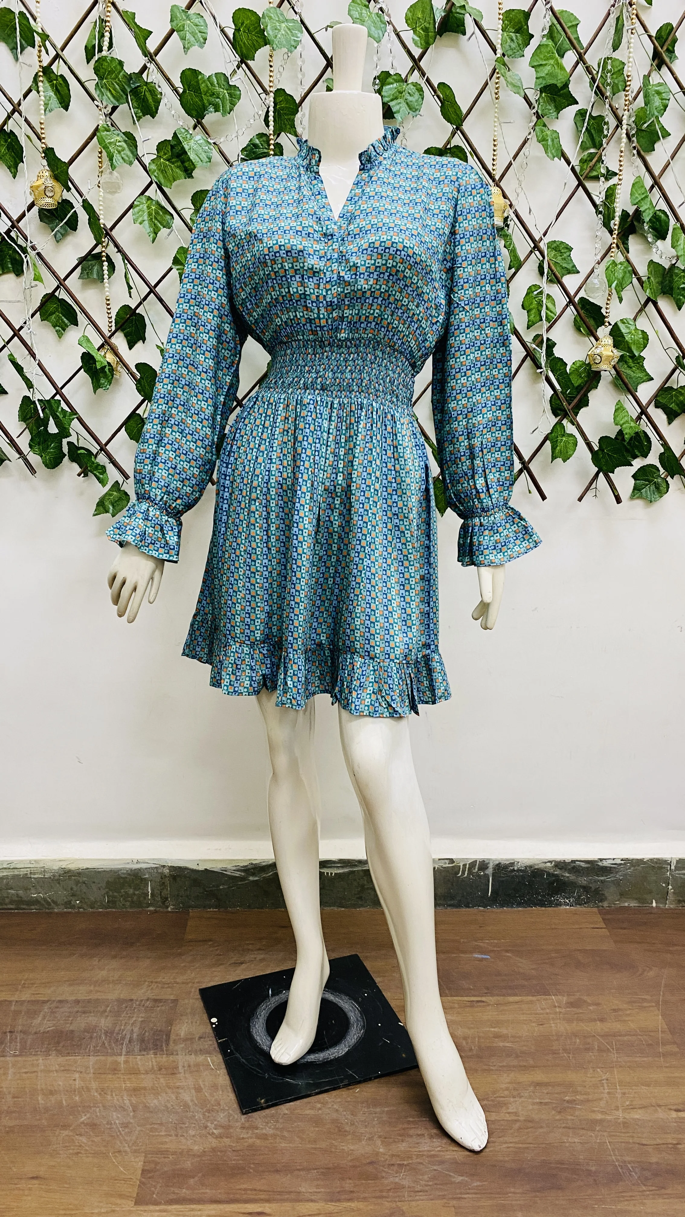 Export Selling Digital Printed V Neck Layered Crepe Fit and Flare Dress for Party and Casual Wear Available at Bulk Quantity