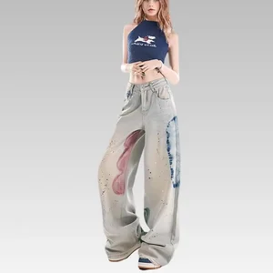 2026 Women's High Waist Vintage Jeans Graffiti Hot Diamond Embellished Loose Straight Floor-Mopping Design Denim Washed Button