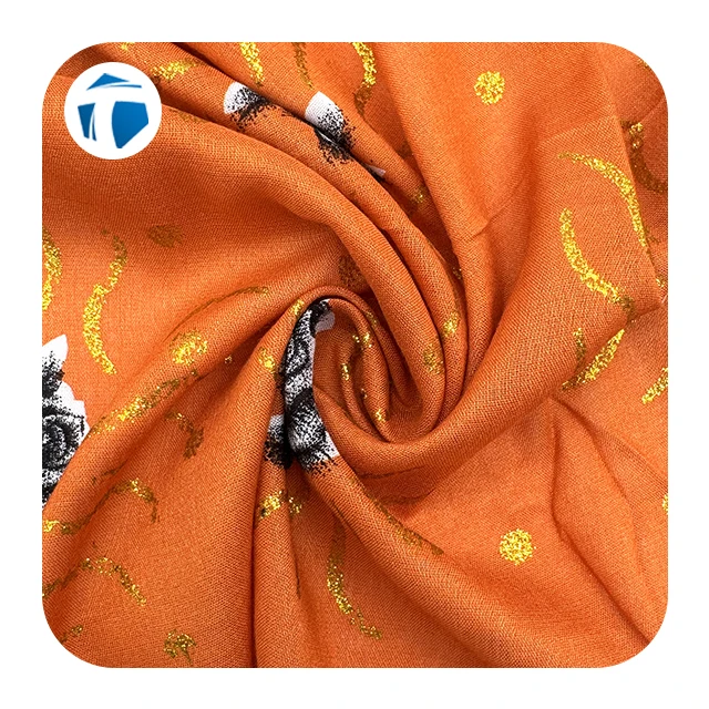 Новый дизайн золотой шелковой ткани с принтом 100% вискоза 45*45 110*80 100 г/м2 шелковая ткань для платья