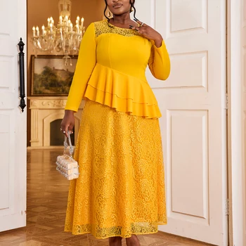 Full Sleeves O Neck a Line Irregular Peplum Lace Church Casual Dresses