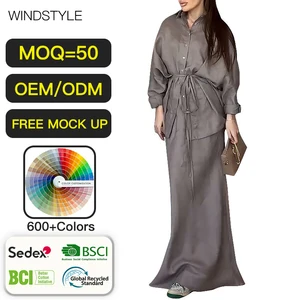 Women's Casual Sets with Lapel Lace-Up Loose Long Sleeve Top and Long Dress for Spring Solid Woven Pattern