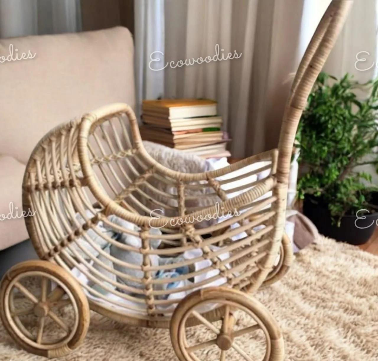 Natural Wicker Doll Pram - Handwoven Rattan Toy Stroller with Wooden ...