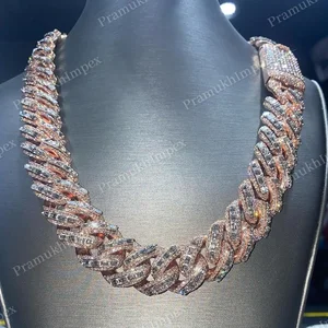 Luxury 20MM Fully Iced Rose Gold Plated Sterling Silver Pendant Necklace Claw Setting Baguette Moissanite for Unisex Party