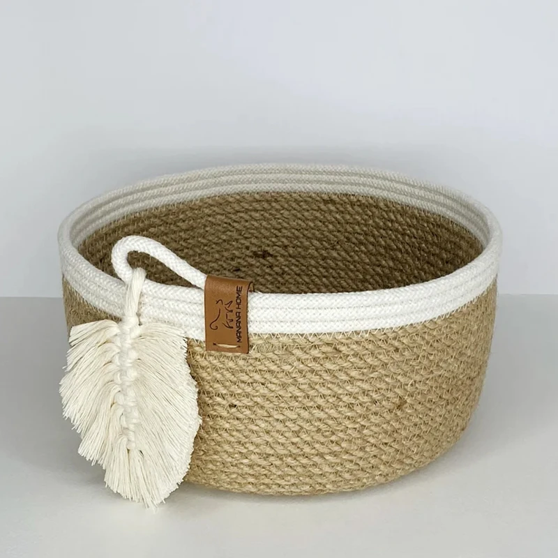 Home Decor White Cotton Rope Storage Basket With Lid Storage And