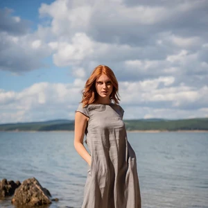 Women's Eco-Friendly Linen Maxi Dress Long Summer Dress Plus Size Clothing Woven Techniques Linen Maxi Dress With Short Sleeves