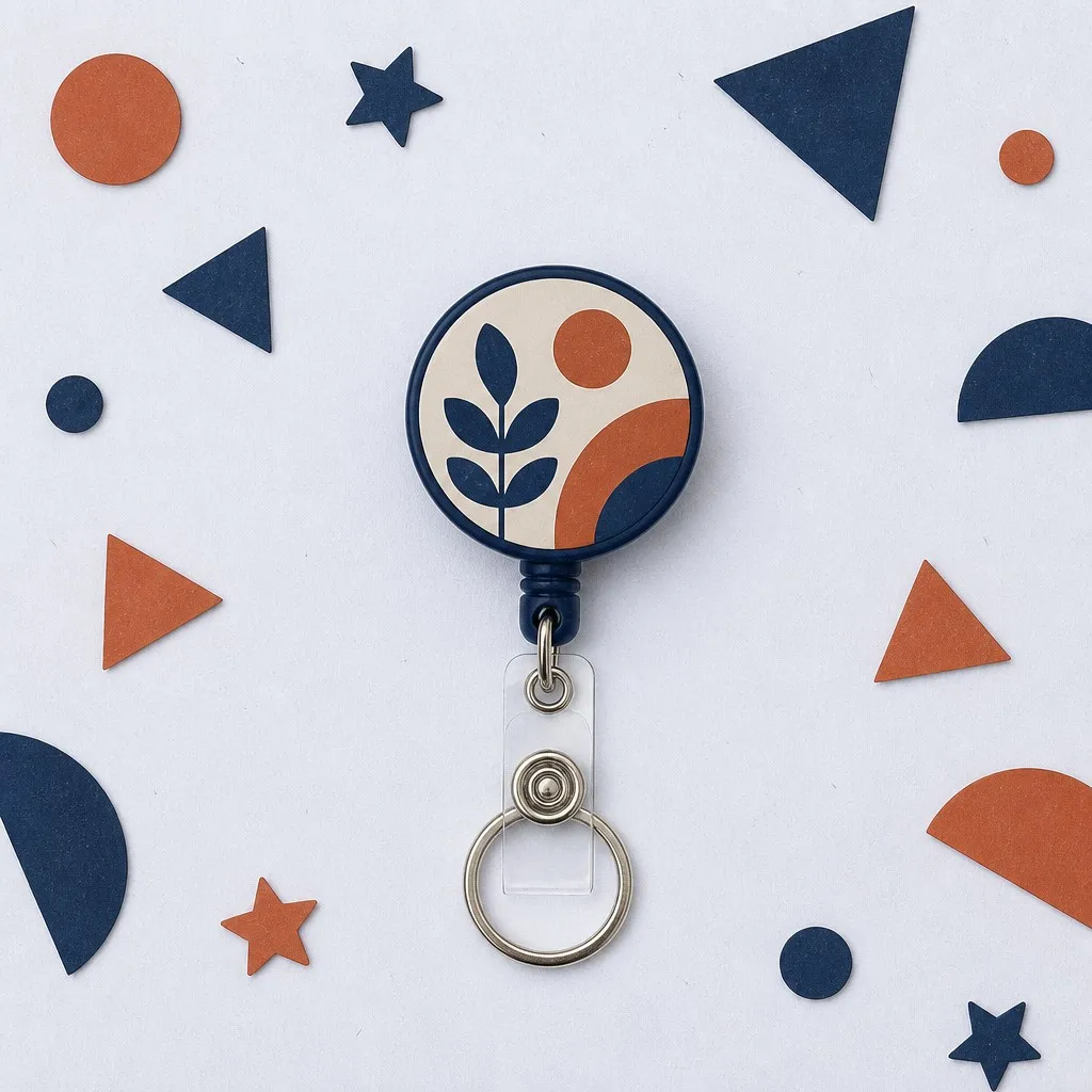 Flat-lay lifestyle — botanical sun badge reel surrounded by navy and terracotta paper shapes