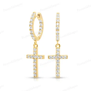 New Collection Fully Iced Out Diamond Cross Huggie Hoop Earring Crafted In Sterling Silver With Gold Plated Customized Jewellery