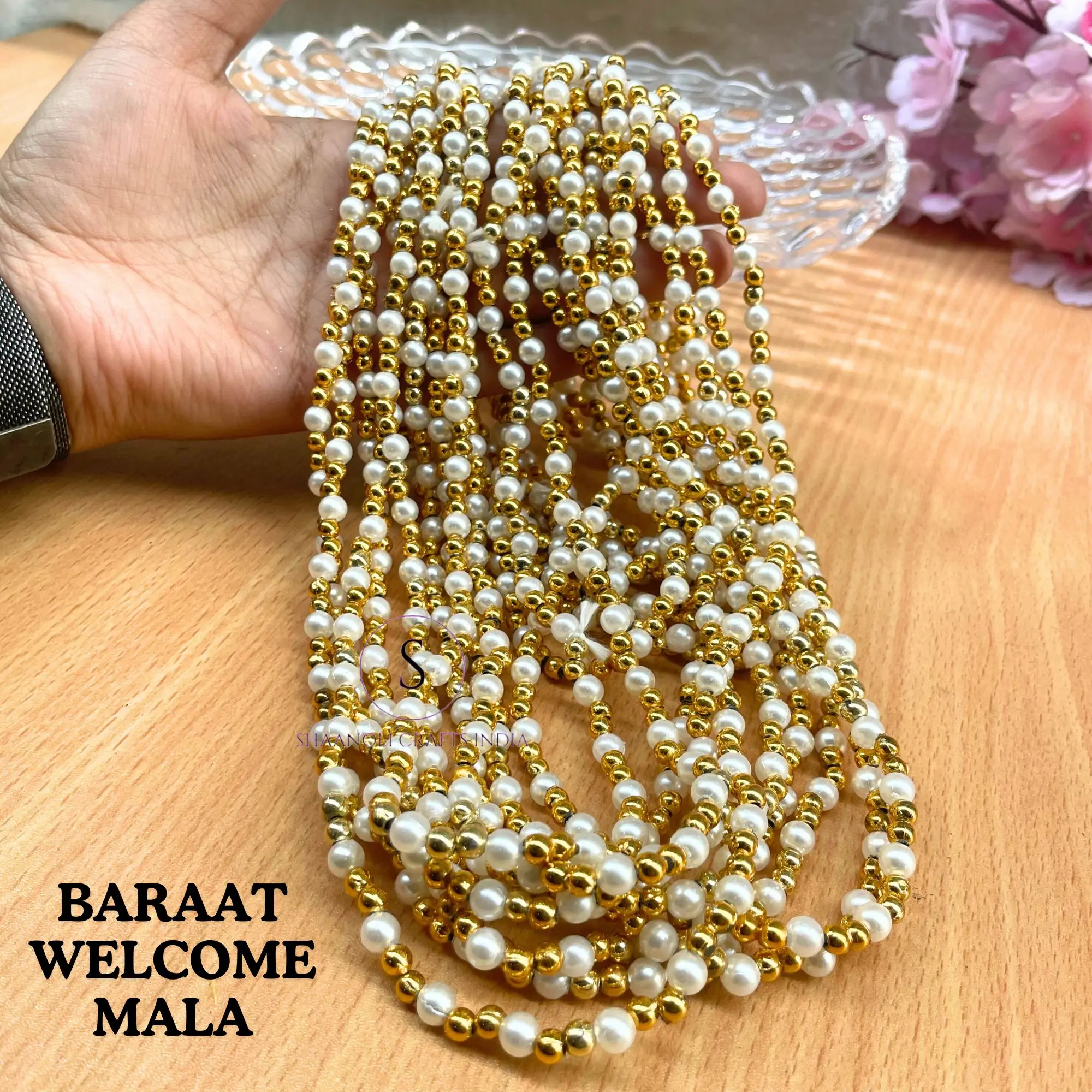 Traditional Golden and White Pearl Bead Moti Mala for Wedding and