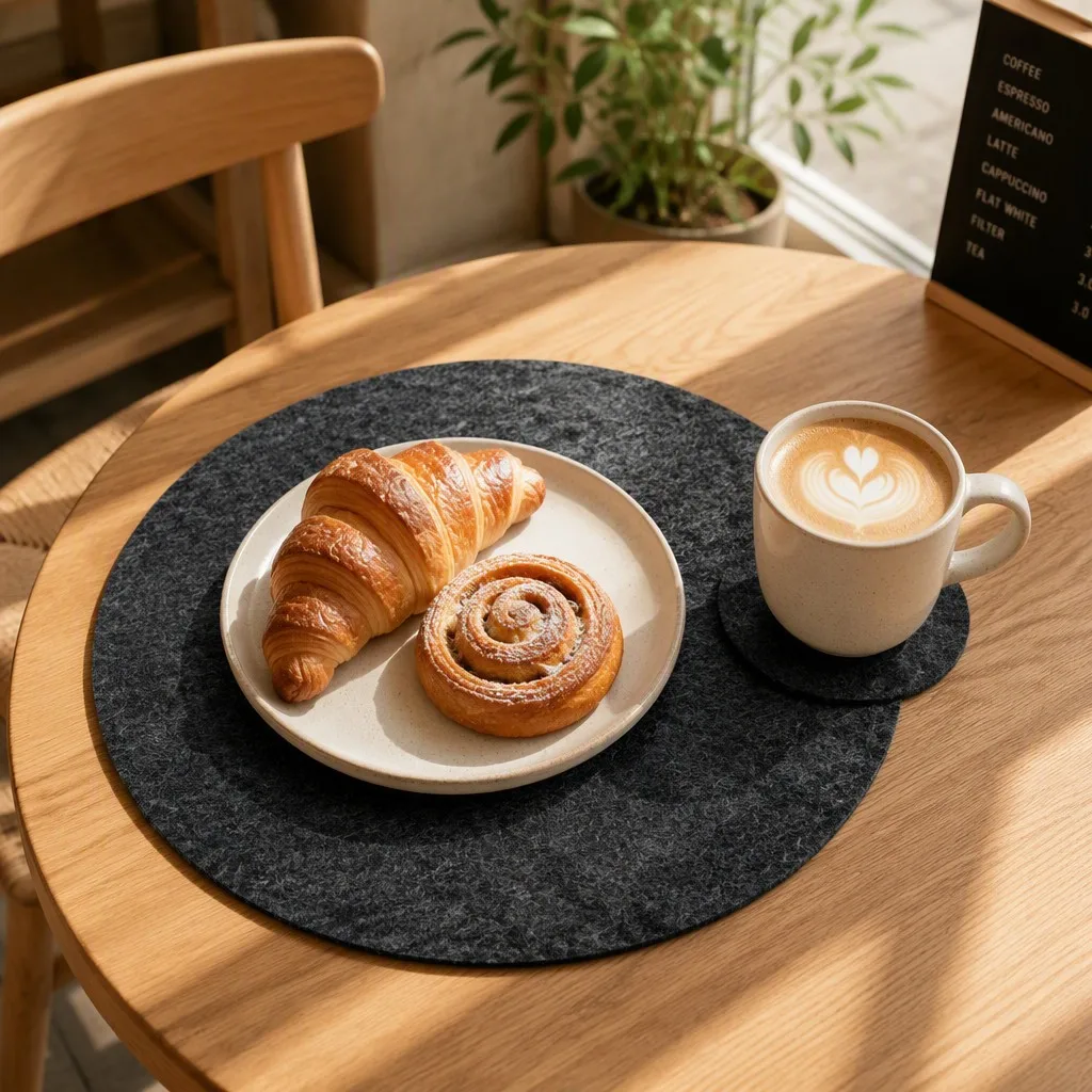 Round felt placemat on a breakfast table with croissants and coffee cups
