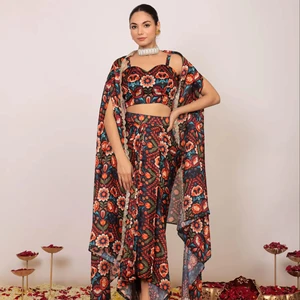 Enchanting Cape Choli Ensemble with Graceful Floral Print Digital Woven Design Beautiful Bust Fitted Tube Top With Shrug Dress