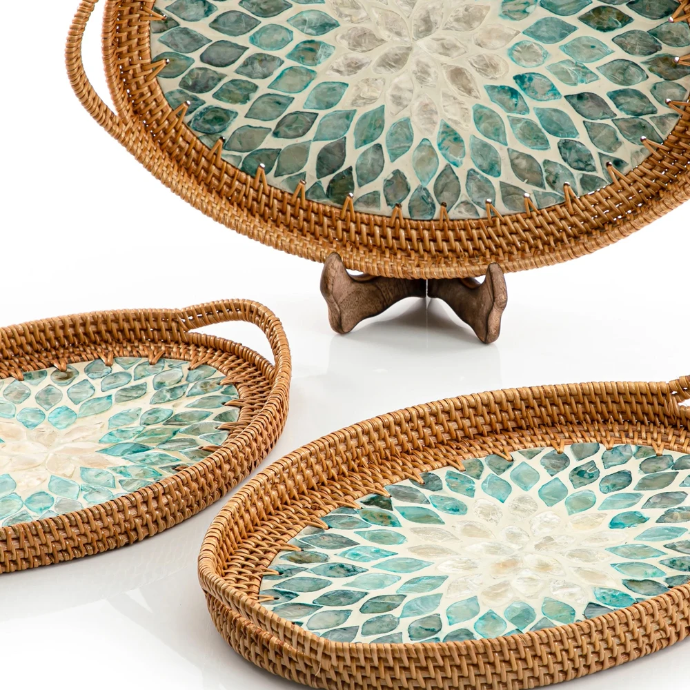 Decorative Serving Tray Set Of 3 Mother Of Pearl Tray Mix Rattan