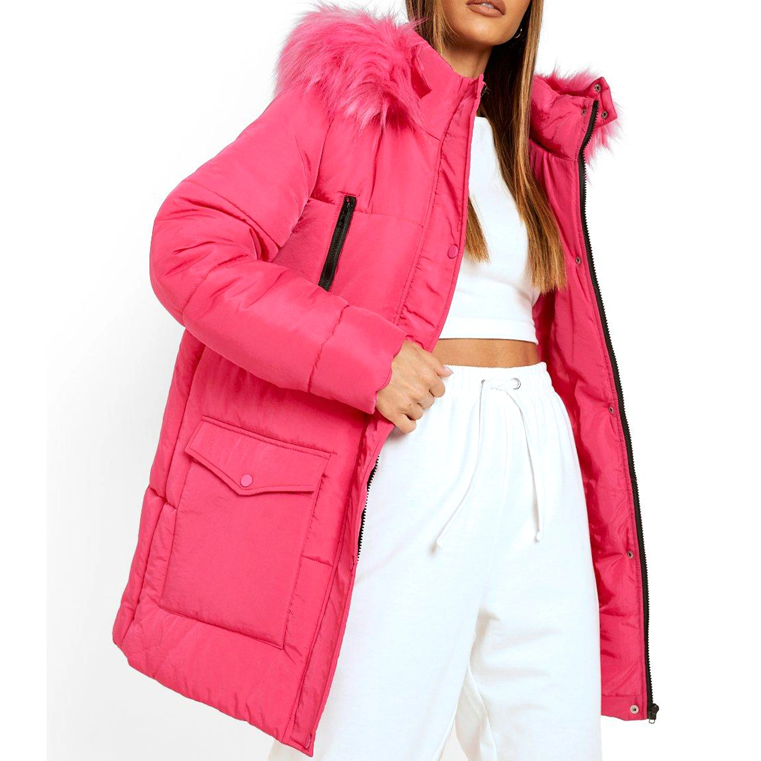 Latest Design Women Hot Pink Faux Fur Hooded Long Puffer Jackets Plus Size Bubble Down Winter Coats - Image 2