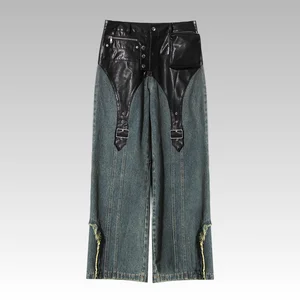 2026 High Waist PU Leather Spliced Workwear Casual Wideleg Jeans Y2K Vintage Button Solid Washed Techniques for Autumn Winter