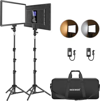 Neewer 13" Led Video Light Panel Lighting Kit, 2-Pack Dimmable Bi-Color Soft Lights with Light Stand, Built-in 8000mAh Battery